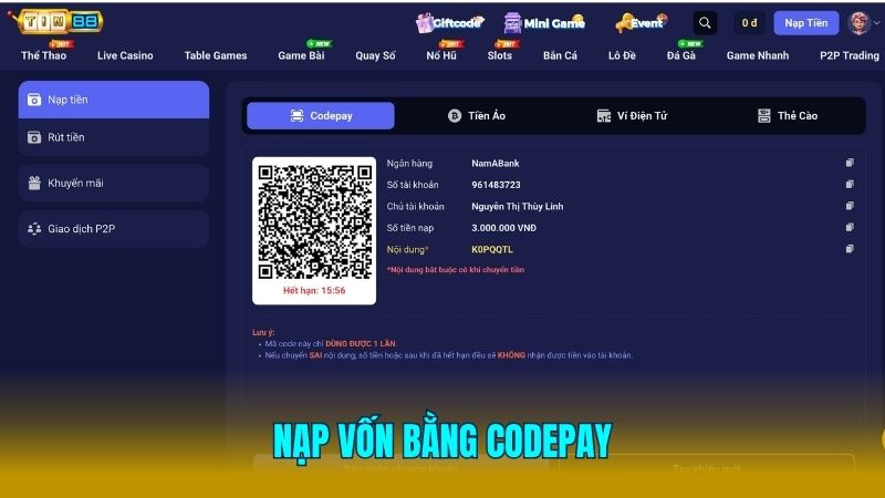 Nạp vốn bằng CodePay được hội viên Tin88 ưa chuộng