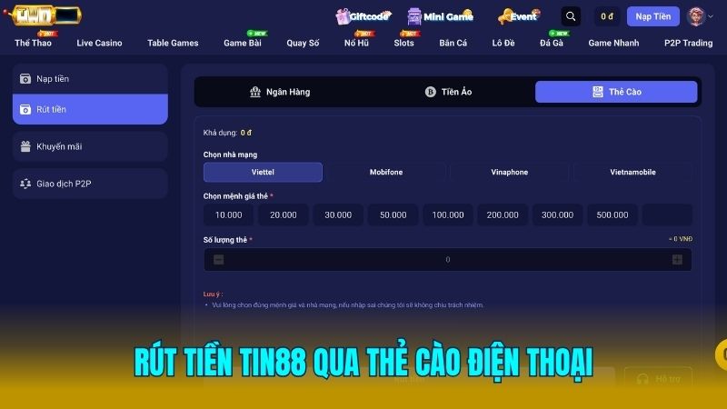 Thao tác rút tiền Tin88 bằng cách nhận thẻ cào